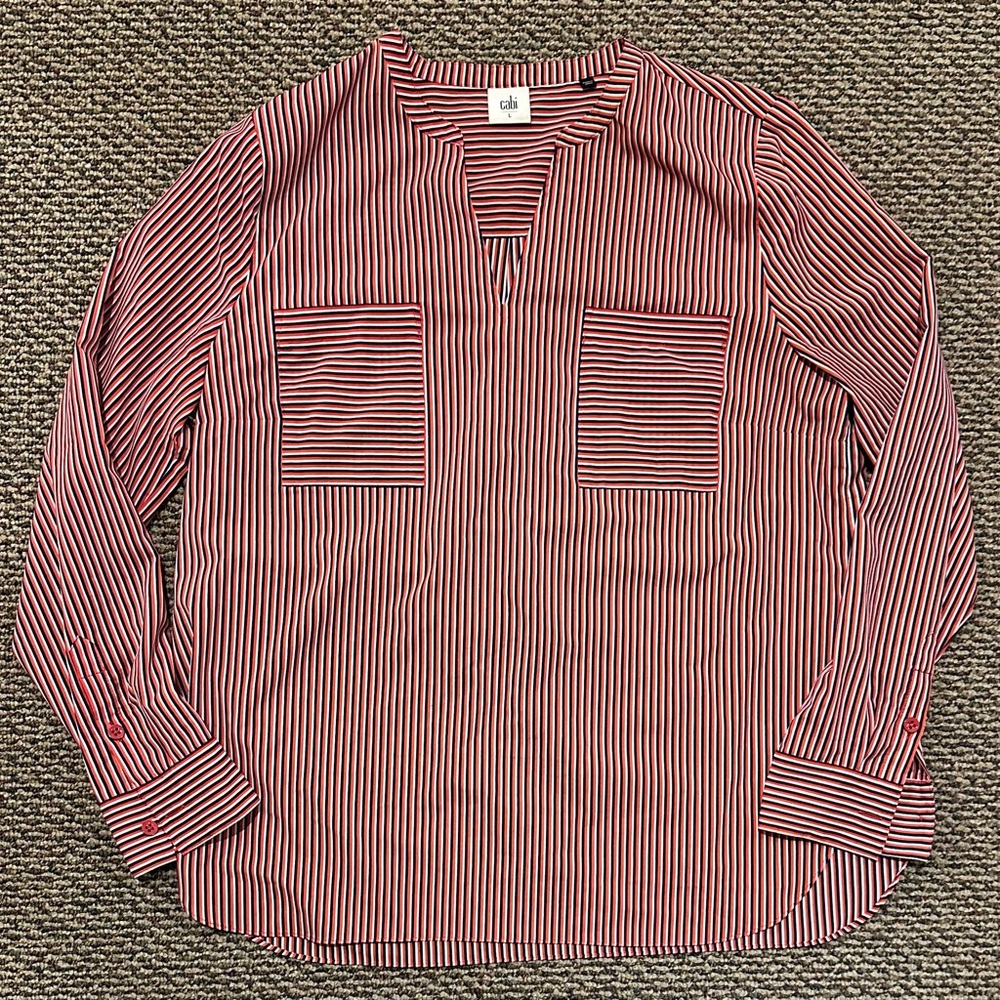 CAbi Women's Franklin Red Striped Popover Blouse, NWOT, Size Large